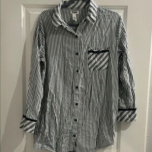 PINK Victoria's Secret Green and White Striped Button Down Sleep Shirt Medium